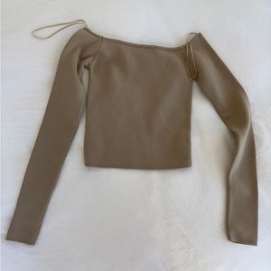 Tan off the shoulder knit top